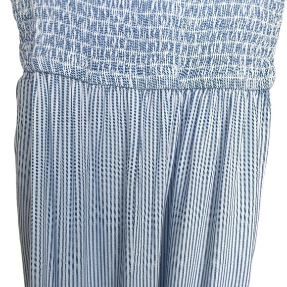 JAPNA WOMENS SMOCKED BODICE JUMPSUIT BLUE WHITE PINSTRIPES FLARE WIDE LEG SZ M - Picture 7 of 8